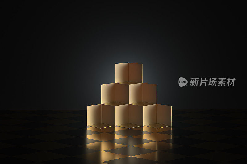 金色立方体形状舞台，3d渲染