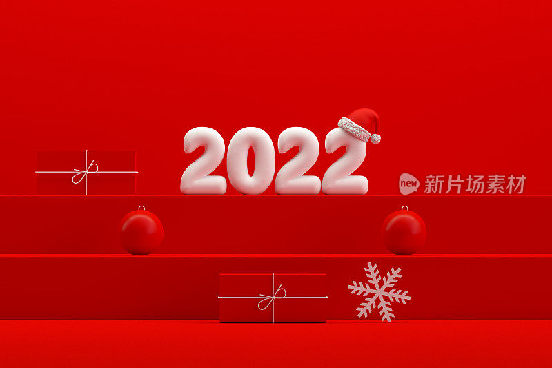 2022年圣诞新年概念，红色背景，楼梯站讲台