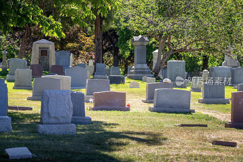 墓地里的各种不同风格的墓碑和墓碑