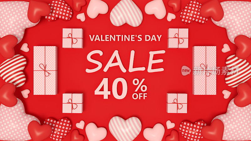 情人节促销概念，40%，红色背景的心形和礼盒