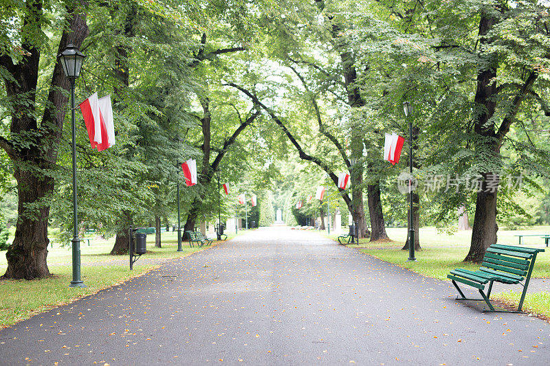 波兰国旗，波兰国旗，公园里的小巷