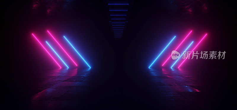科幻飞船金属地板车库紫色蓝色霓虹激光现代工作室陈列室画廊混凝土沥青地板机库隧道走廊3D渲染
