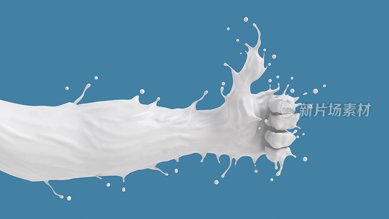 溅牛奶的形式，强有力的手臂大拇指向上概念，3d渲染，剪贴路径