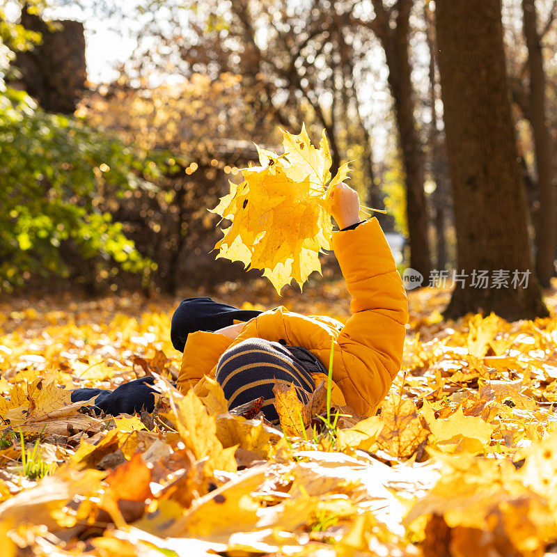 在秋天的公园里，有一幅5岁的白人男孩的肖像，他穿着一件镶着枫叶的黄色夹克