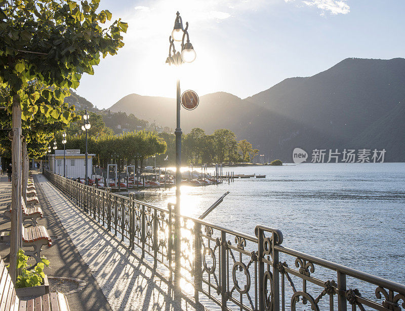 卢加诺城市湖岸的风景，和步道