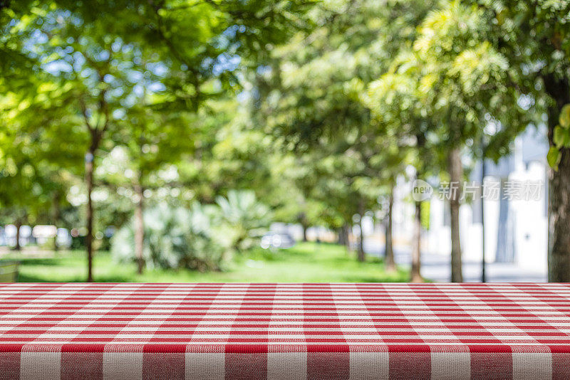 户外铺着格子布桌布的空野餐桌