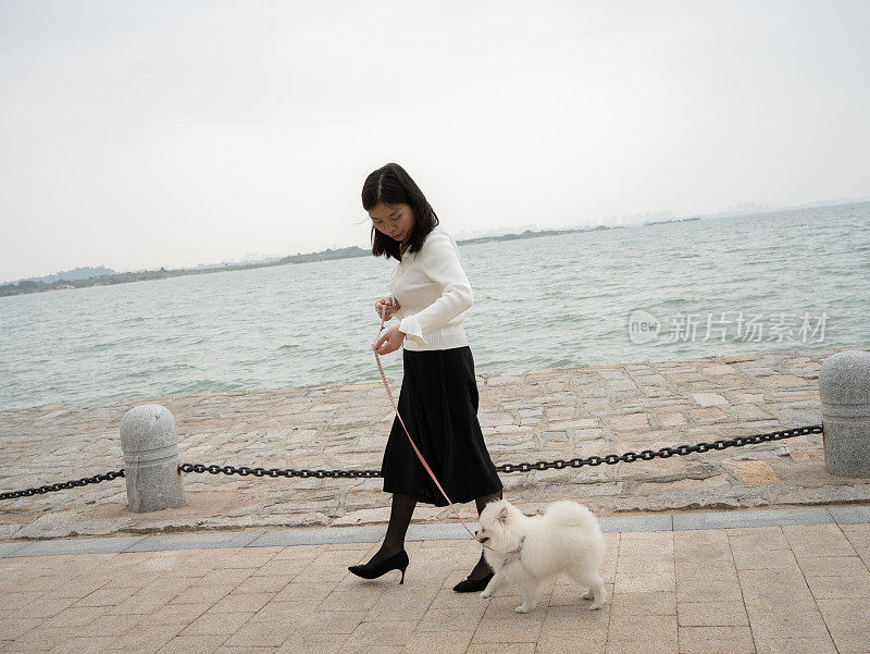 一个女人带着她的狗在海边散步