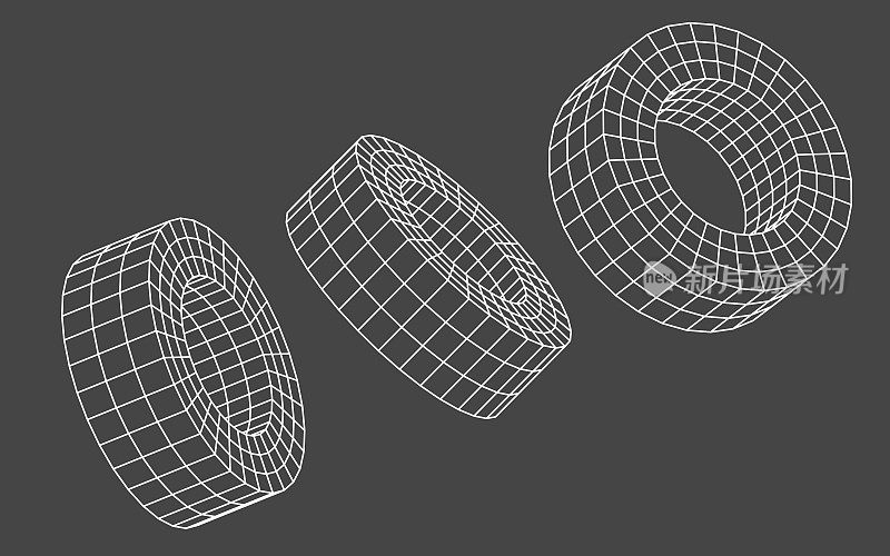 线框中空圆柱体孤立在黑色背景上。抽象网格环的几何线条，轮廓白色网格3d渲染图形集。数字技术设计，模拟图形对象