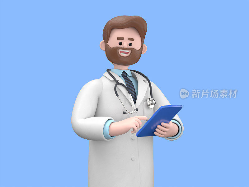 男医生艾弗森的3D插图工作与笔记本电脑和文书工作。医院的背景。在蓝色背景上隔离的医学演示剪贴画