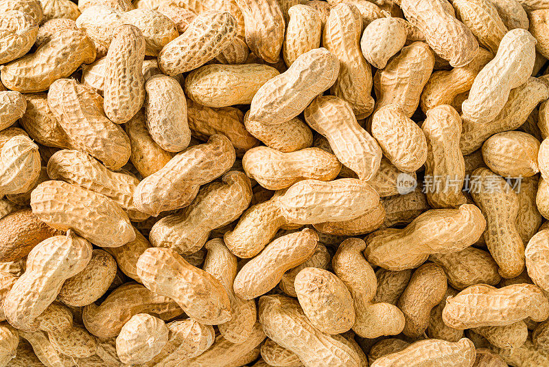 背景纹理全天然花生在他们的豆荚壳，全帧顶部