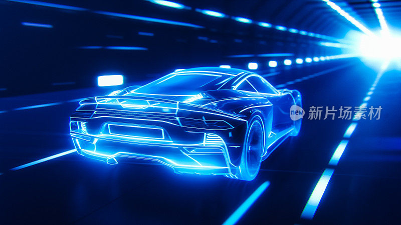 3D汽车模型:跑车高速行驶的详细轮廓，赛车通过隧道进入光。蓝色超级跑车的线条在高速公路上快速行驶。VFX特效图像。