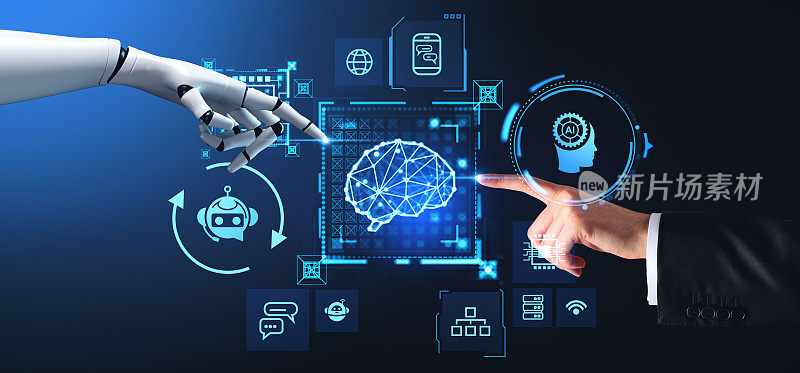 人类和机器人的手指触摸人工智能的大脑全息图和未来的技术图标