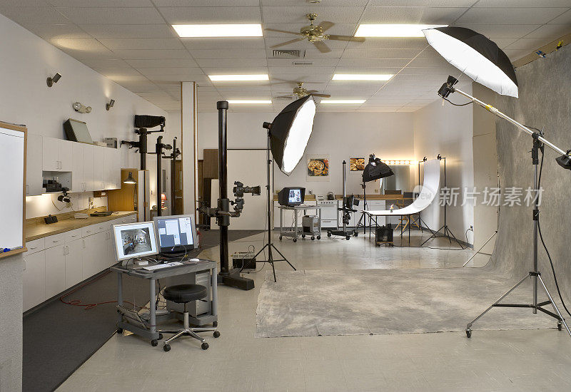 配备电脑和灯光的专业摄影工作室