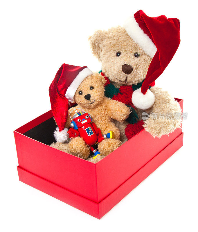 有泰迪熊、圣诞老人和玩具的鞋盒