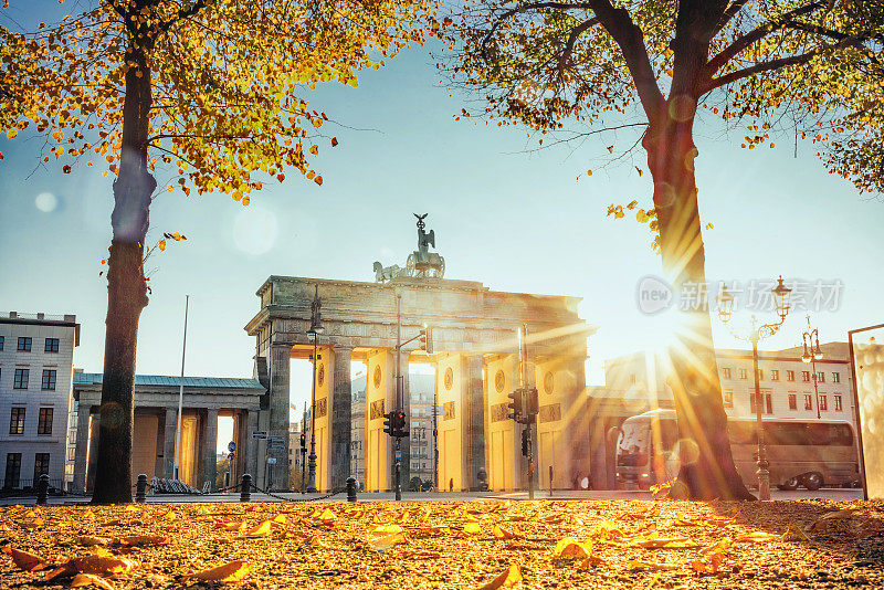 金色的秋天，柏林勃兰登堡山的日出