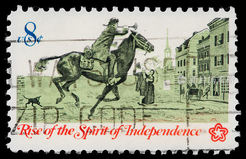 保罗·里维尔的骑行，1775年，在美国复古邮票上被纪念