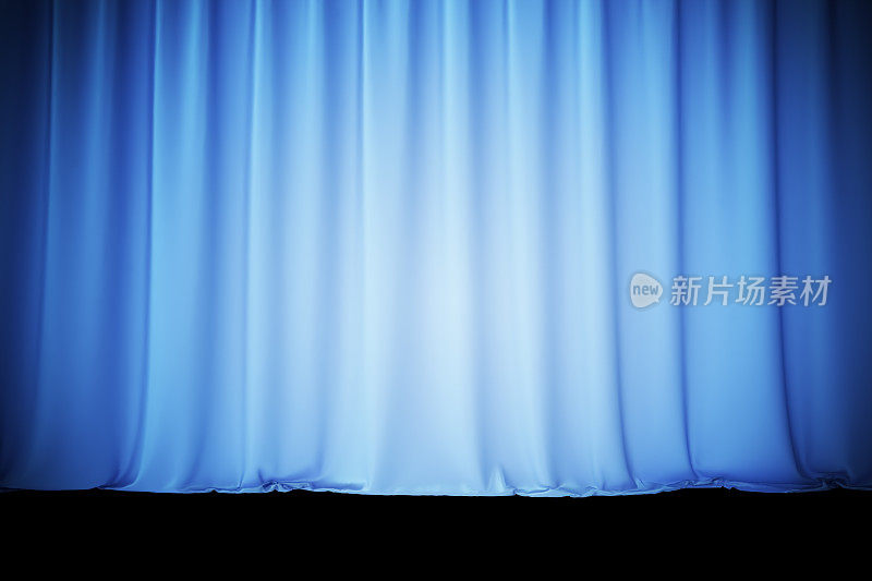 中心是用于剧院和电影院聚光灯的蓝色丝绸窗帘。三维渲染