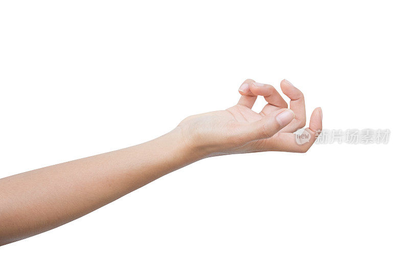 右手女显示肌肉收缩，数手指，用手指数数字，手势，显示手掌和手臂。在白色背景上隔离