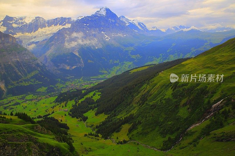 童话般的风景:上面是田园诗般的格林德沃阿尔卑斯村庄，山谷和草地在黎明，戏剧性的瑞士雪盖Wetterhorn阿尔卑斯山脉，田园诗般的乡村，伯恩斯高地，瑞士阿尔卑斯山