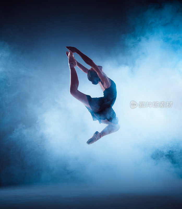 美丽的年轻芭蕾舞者在丁香背景上跳跃