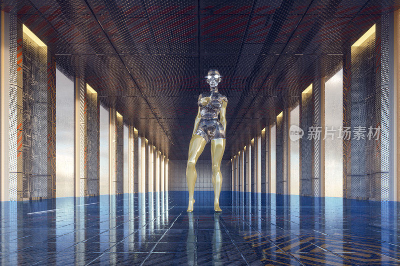 半机械人站在未来走廊