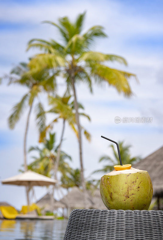 新鲜椰子在游泳池，假期