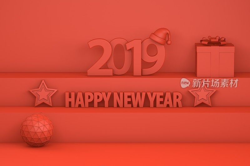 2019年新年，楼梯上有圣诞帽，红色背景上有简约圣诞概念