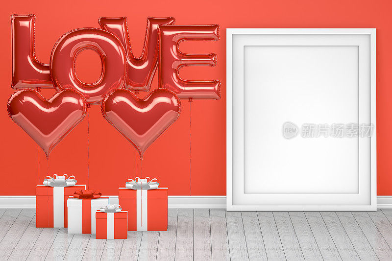 空房间里装着闪亮的爱心气球和礼品盒。情人节的概念。