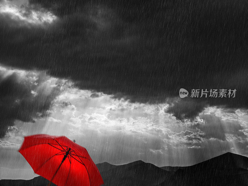 红色的雨伞和雨天晴朗的希腊天气