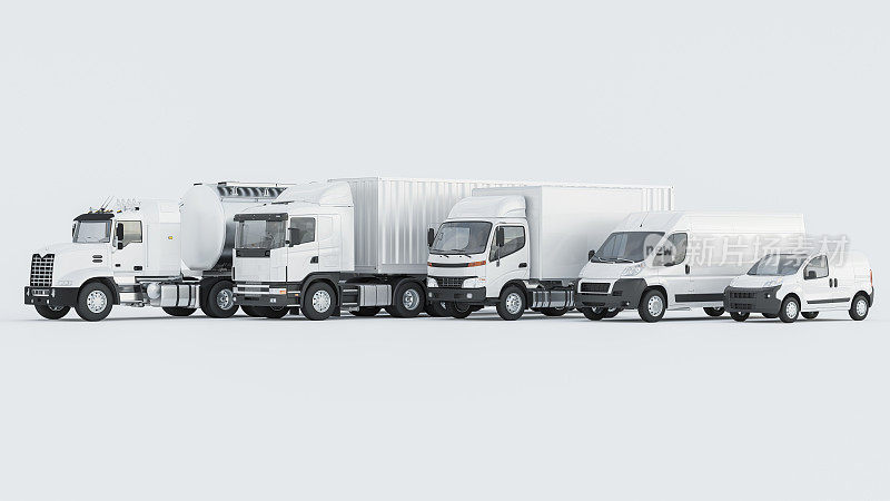 白色背景上的白色货车和卡车排成一排
