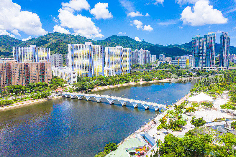 沙田区鸟瞰图。香港新界