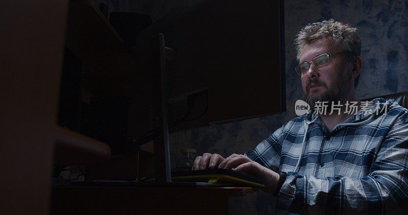一个成熟的男人在台式电脑前工作到很晚
