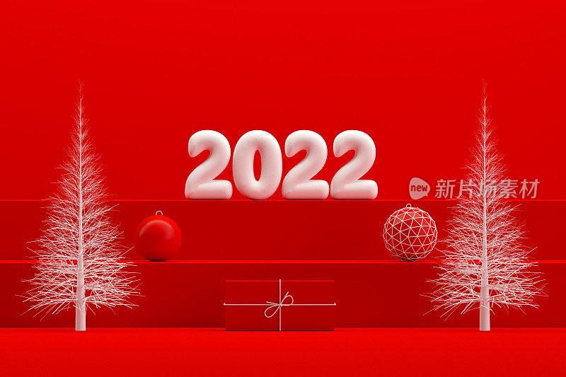 2022年圣诞新年概念，红色背景，楼梯站讲台