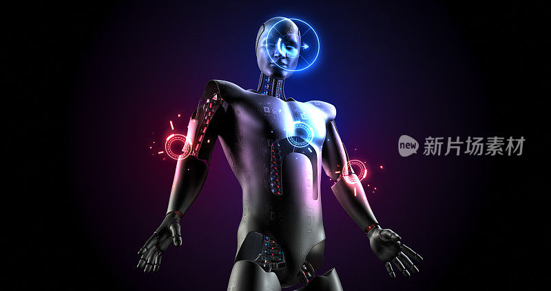 先进强大的仿生机器人站立。人工智能人形。