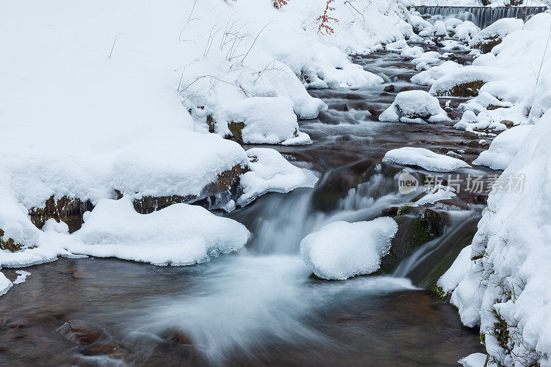 冬季高山瀑布雪景。雪山瀑布景观。冬季的山瀑布在Shipot瀑布-喀尔巴阡山脉，乌克兰。