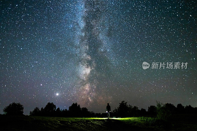 男人的剪影在黑暗的背景。手电筒发出的光束。夏天的星空。星星在天空。美丽的夜晚景观。长时间的曝光。银河系。摘要深空