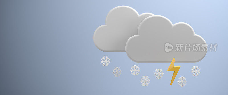 3D天气预报网页横幅系列:雷雨暴雪-闪电和乌云与雪花