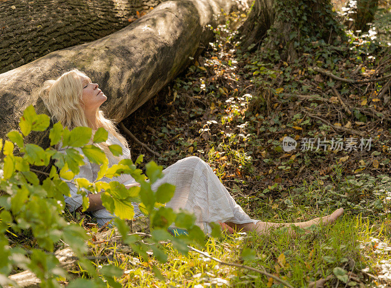 成熟的金发女人放松地倚在阳光下的树干上