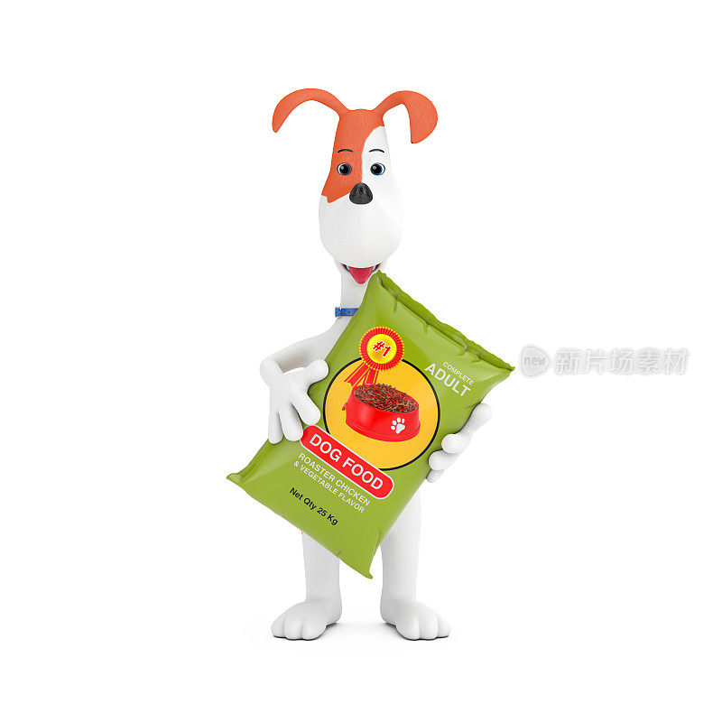 卡通可爱的狗抱狗粮袋包装设计。3d渲染