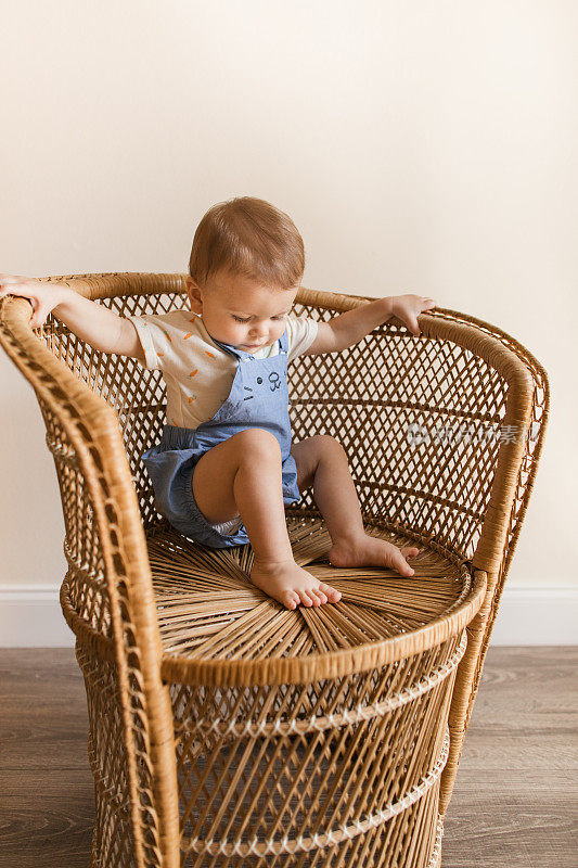 一个15个月大的古巴裔美国男婴，浅棕色短发，棕色眼睛和12只脚趾，穿着胡萝卜连体衣和蓝色兔子连体裤，还有蓬松的兔子尾巴，光着脚坐在复古藤椅上