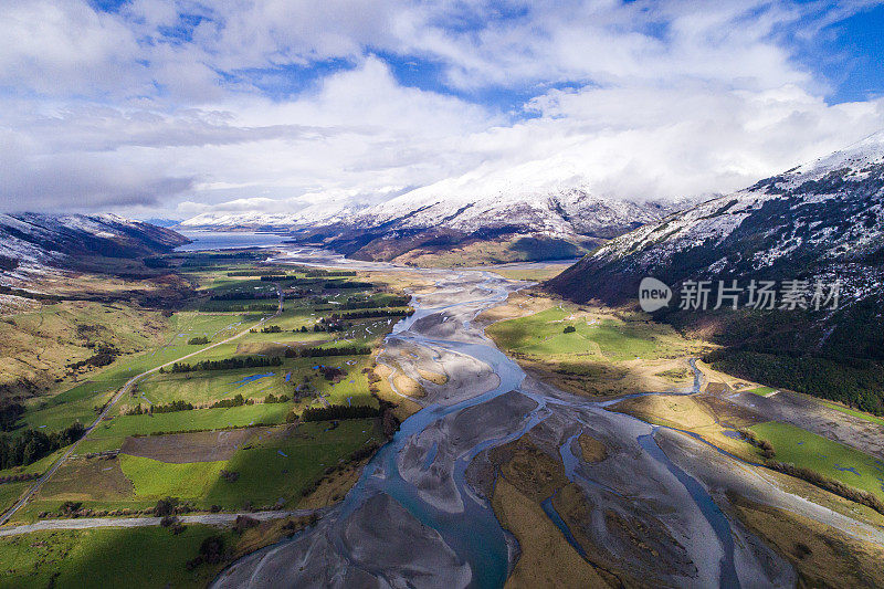 冰川径流的河流编织系统与风景秀丽的雪山的航空透视