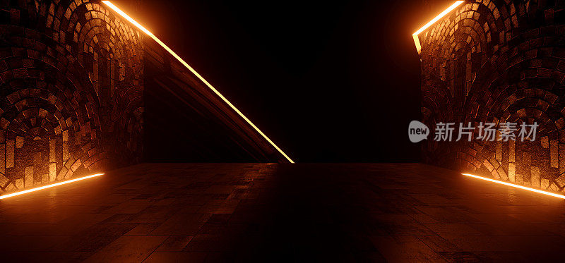 霓虹灯发光未来的激光束网络橙灯科幻中世纪马赛克墙混凝土地板逼真的陈列室外星人车库地下3D渲染