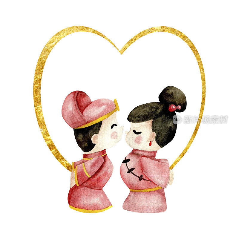 水彩情人节插图。中国，韩国新娘和新郎玩具在红色礼服与金色心形框架背景。情侣卡、婚礼、请柬的安排设计