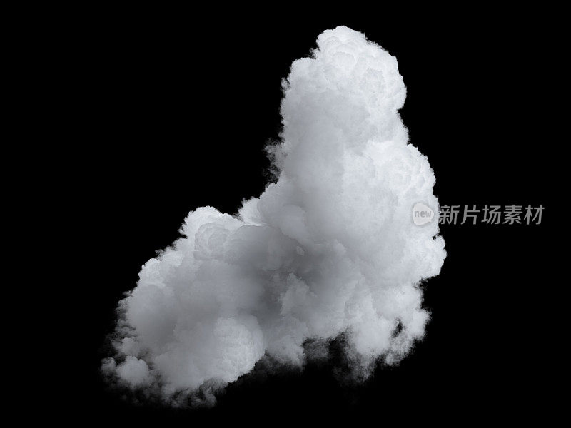3d渲染，抽象的白色现实云孤立在黑色背景。天空剪贴画元素