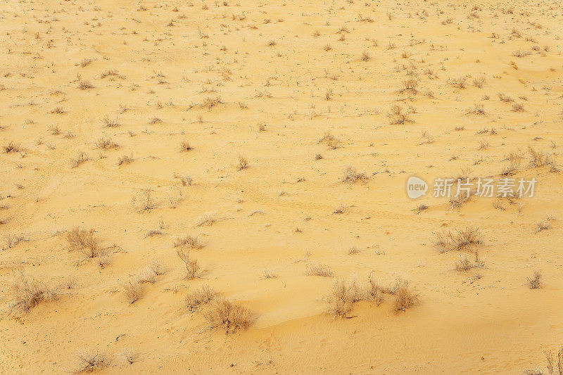 飞越沙漠中的沙丘。日出时哈萨克斯坦克孜勒库姆沙漠的美丽俯视图。中亚的东方景观，一个没有水的无生命的干旱地区