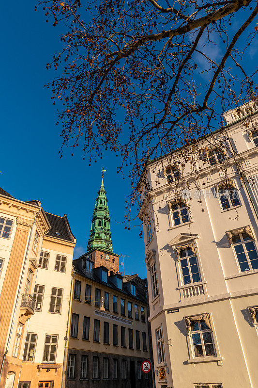 丹麦哥本哈根的树和教堂尖顶