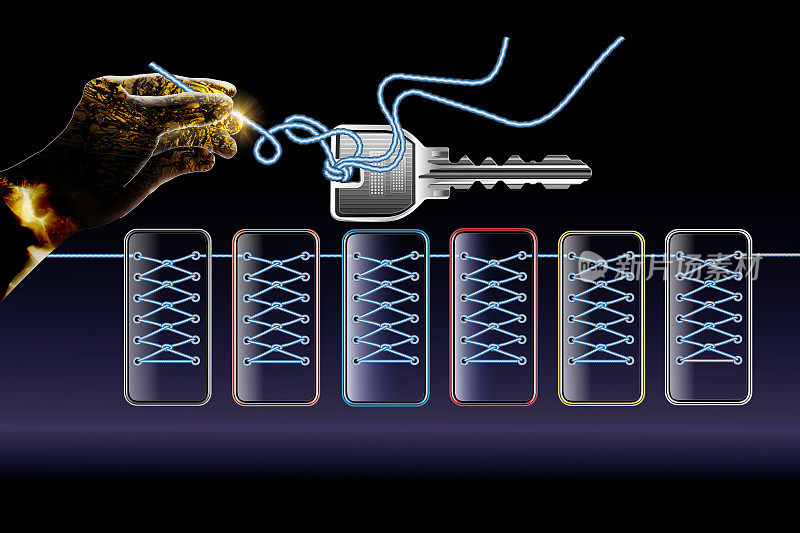 人工智能机器人用绳子和钥匙编织成多个智能手机