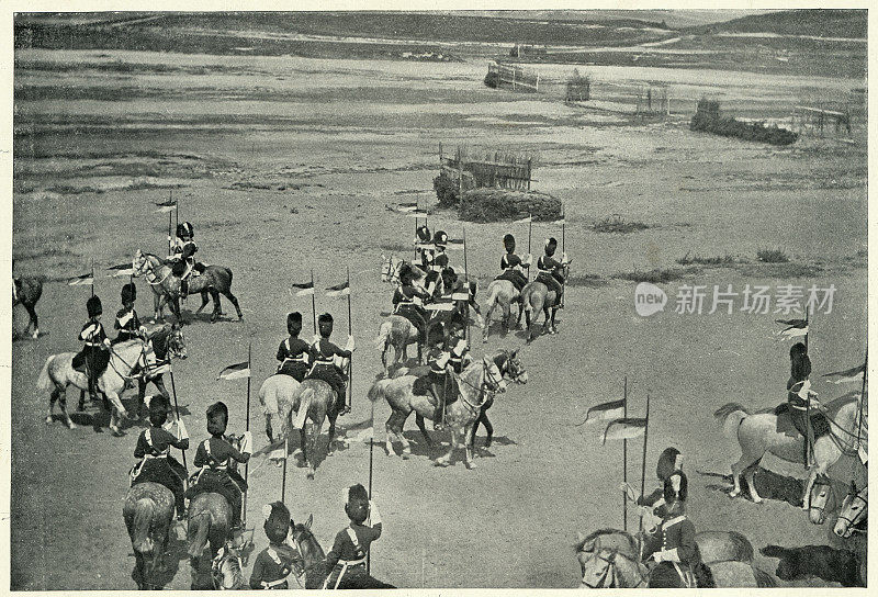 英国军队骑兵，苏格兰灰人表演音乐骑马，19世纪