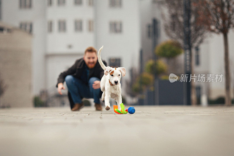 英俊的年轻人花时间与他的狗