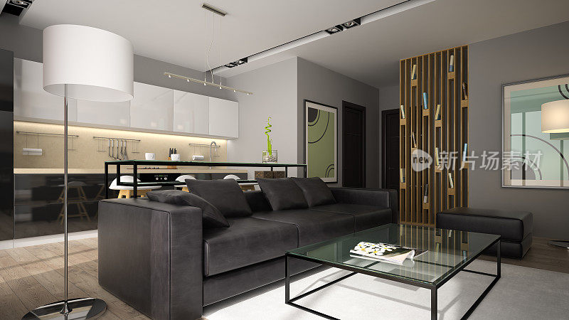 现代室内与黑色沙发3D渲染